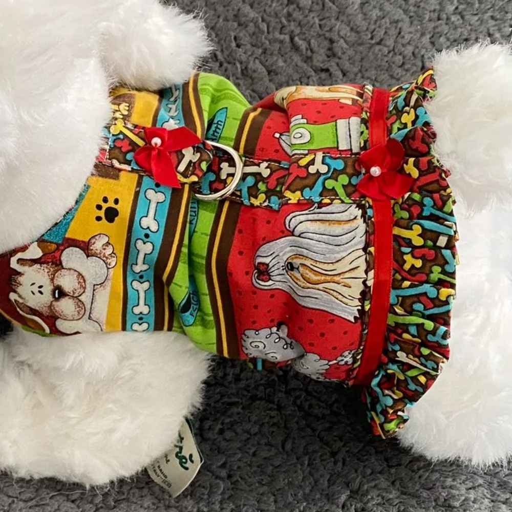 NEW- DOG PRINT ON BROWN small dog harness w-ruffle handmade